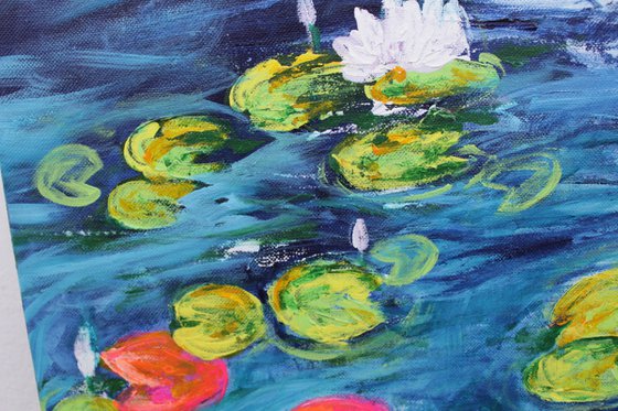 White Lily pond painting - Claude Monet inspired acrylic painting - palette knife -impressionistic - lotus pond -