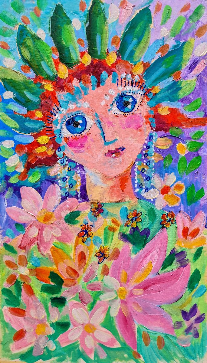 Organic Animal Oil Painting By Simon Tunde, 12 X 20", Spring Princess, Original Artwork