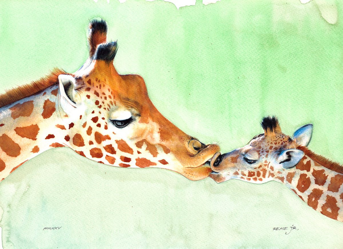 Expressive Animal Watercolour By Reme Jr., 14 X 10", Mother And Baby Giraffes X, Original Artwork