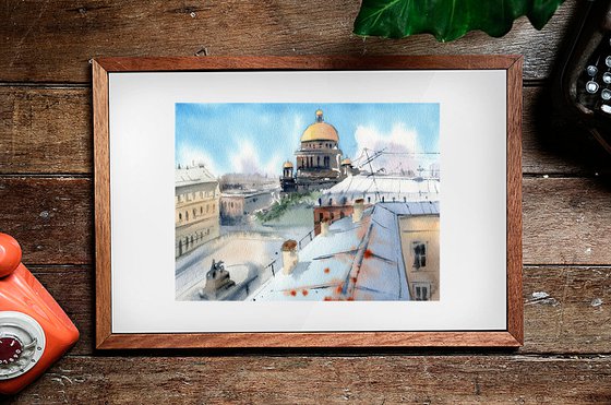 Roofs of houses in St. Petersburg. Original watercolor artwork.