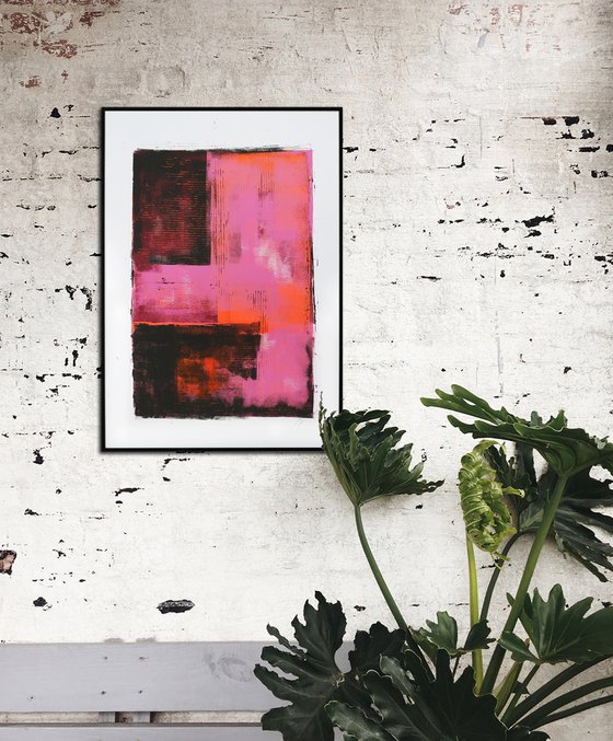 Abstract Painting - Black Pink Minimal -  Art on paper - A2 - 42x59,4cm - 15O