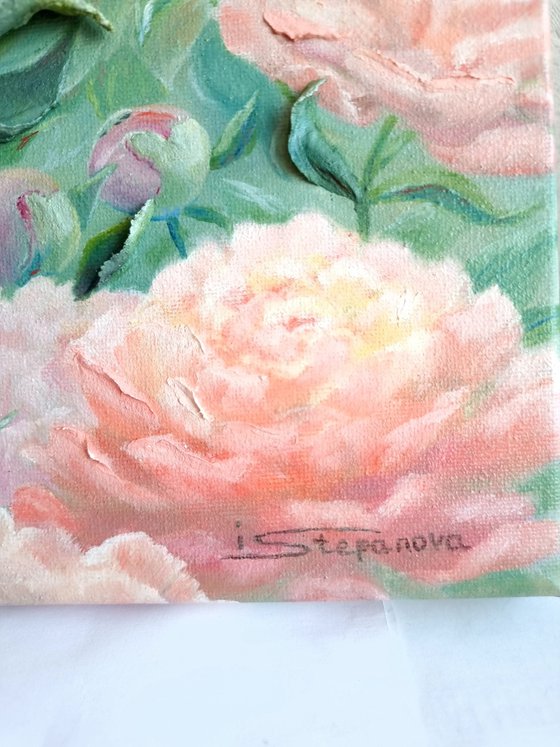 Flower painting with dancing peonies in the garden. Ladies' choice dance. 3d relief red and pink-cream petals.