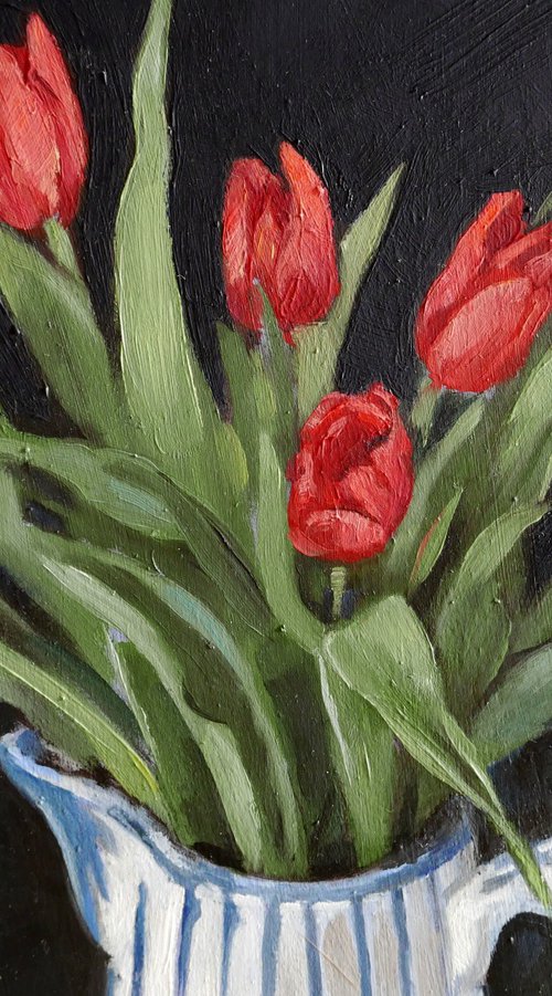 Tulips in blue and white jug by Isabel Hutchison