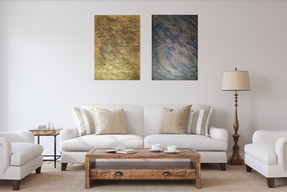 Beating hearts - diptych golden and black abstract painting