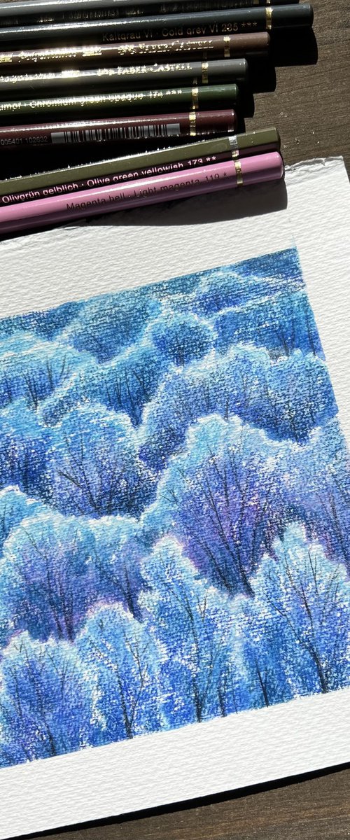 Blue forest. Miniature forest landscape. Original artwork. by Evgeniya Mokeeva