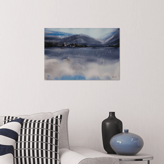 Alpes landscape. Watercolor original painting. Big format purple water reflections interior moody mist gift clouds italy