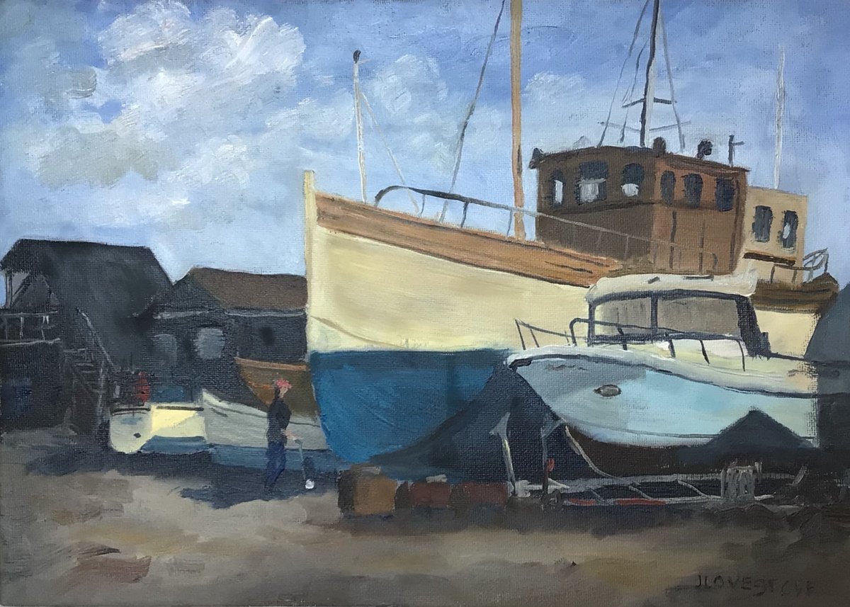 Boats at Blackshore, near Southwold. An original oil painting by Julian Lovegrove Art
