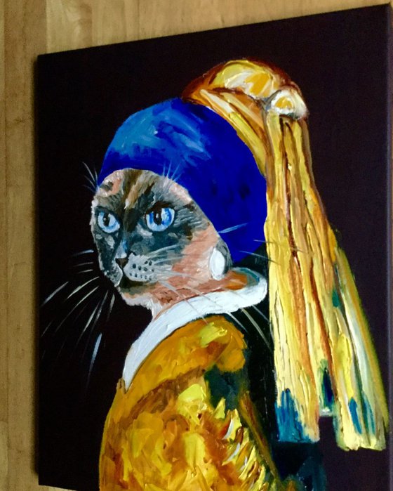 Siamese Cat with the pearl earring. Feline art. Blue eyes. Gift idea for cat lovers