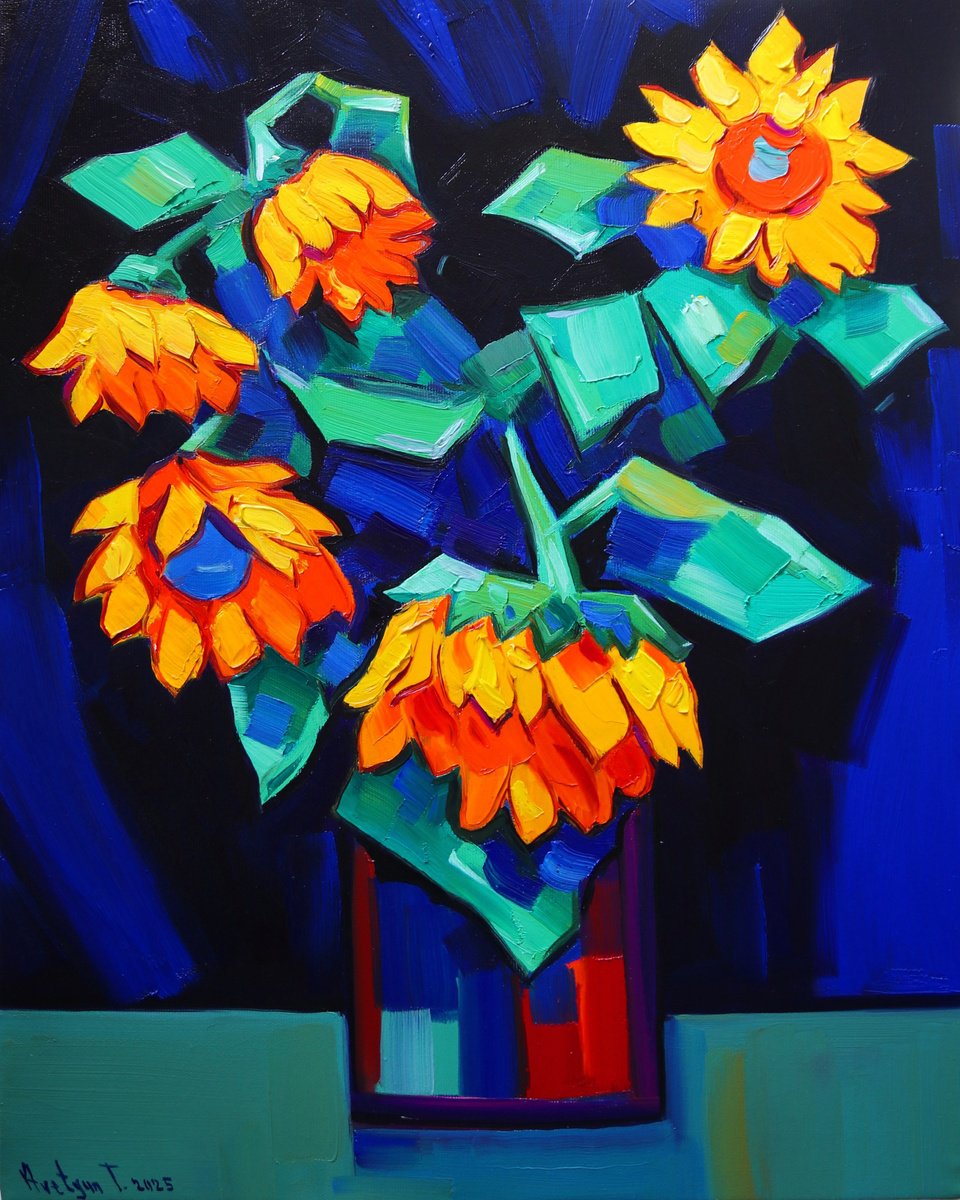 Expressive Still Life Oil Painting By Tigran Avetyan, 16 X 20", Sunflowers, Original Artwork