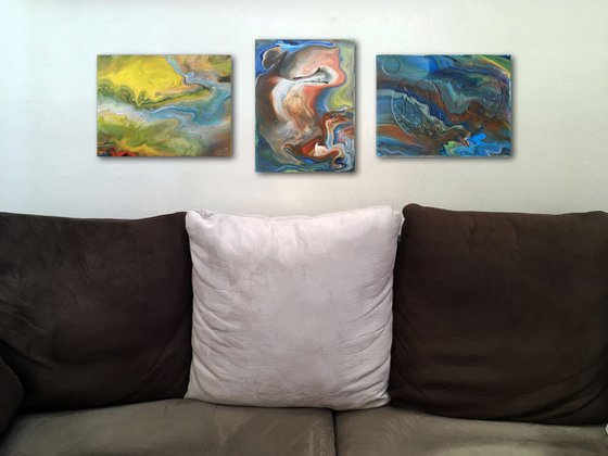 "Waterworks" - FREE USA SHIPPING - Original Triptych, Abstract PMS Acrylic Paintings Series - 33" x 12"