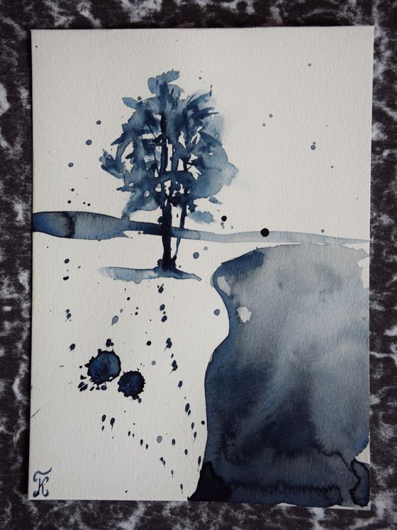 Original watercolor painting postcard Winter snow tree, black and white