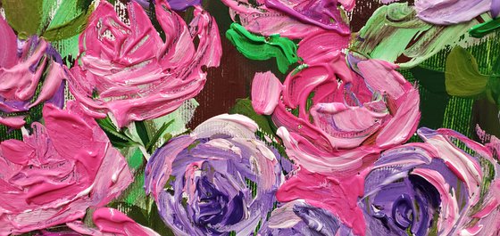 FIELD OF Happyness PURPLE PINK WHITE  ROSES  palette knife modern decor MEADOW OF FlOWERS, LANDSCAPE,  office home decor gift