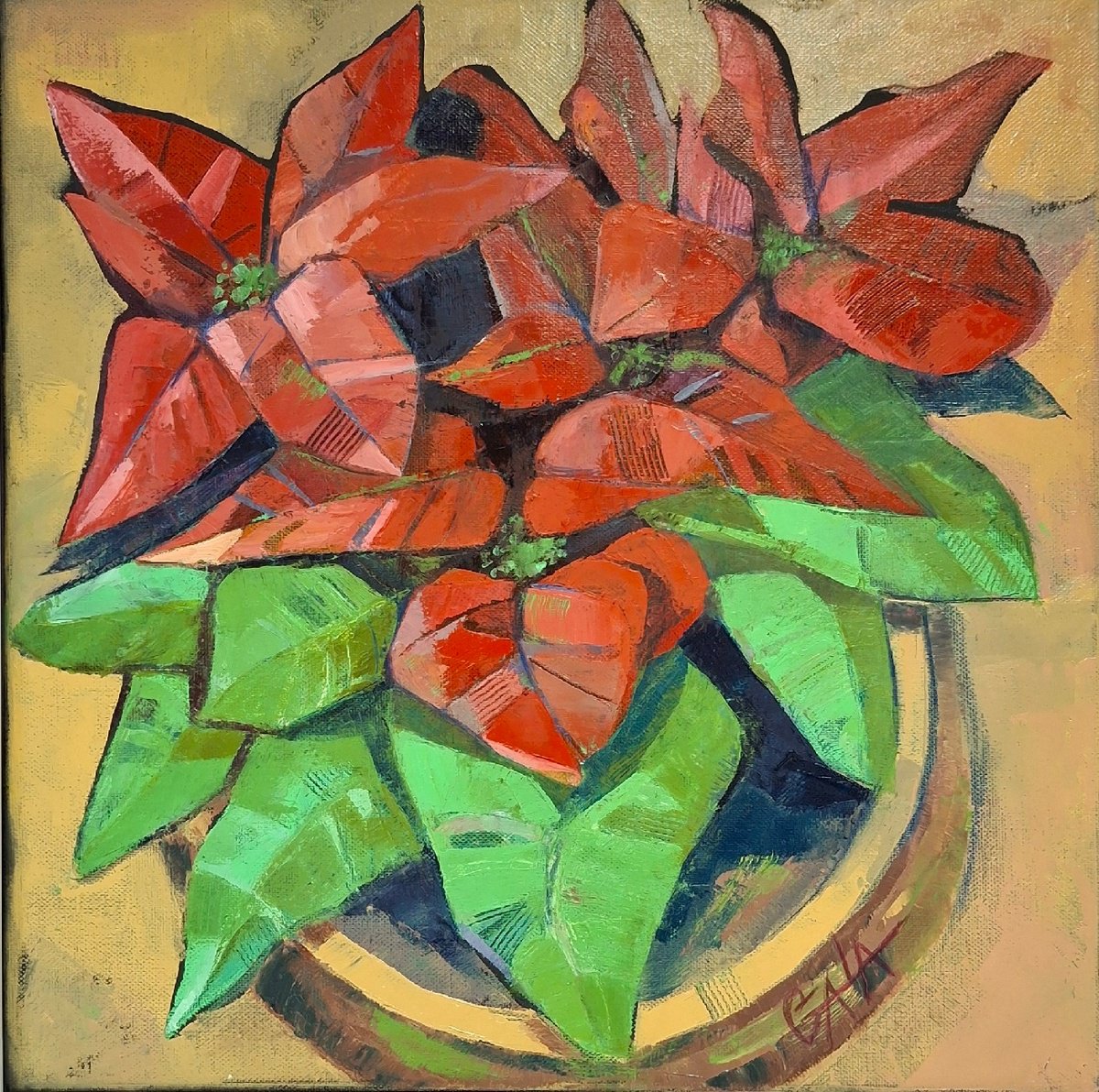 Expressive Botanical Oil Painting By Galya Koleva, 16 X 16, Christmas Star, Original Artwork