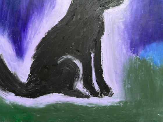 Black Dog Painting, Original Oil Pastel Drawing, Ghost Illustration, Halloween Wall Art