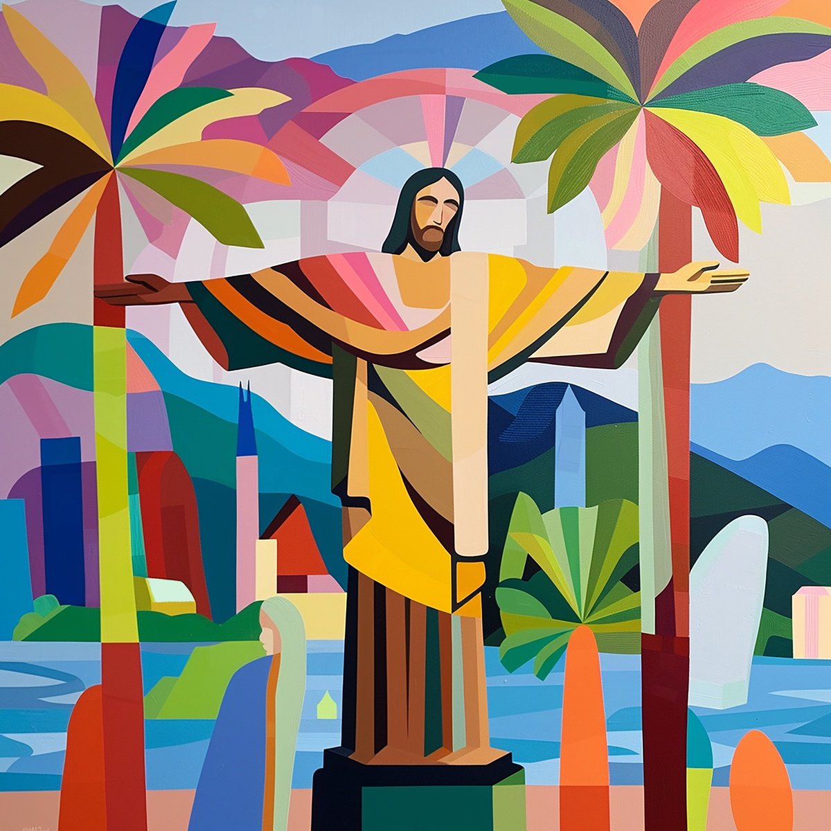 Impressionistic Landscape Acrylic Painting By Kosta Morr, 24 X 24", Statue Of Christ In Rio, Original Artwork
