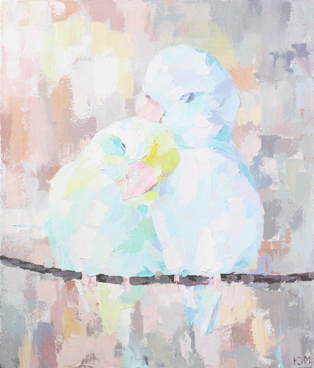 Two parrots - Love Birds - Couple in Love - Oil painting by Yuliia Meniailova