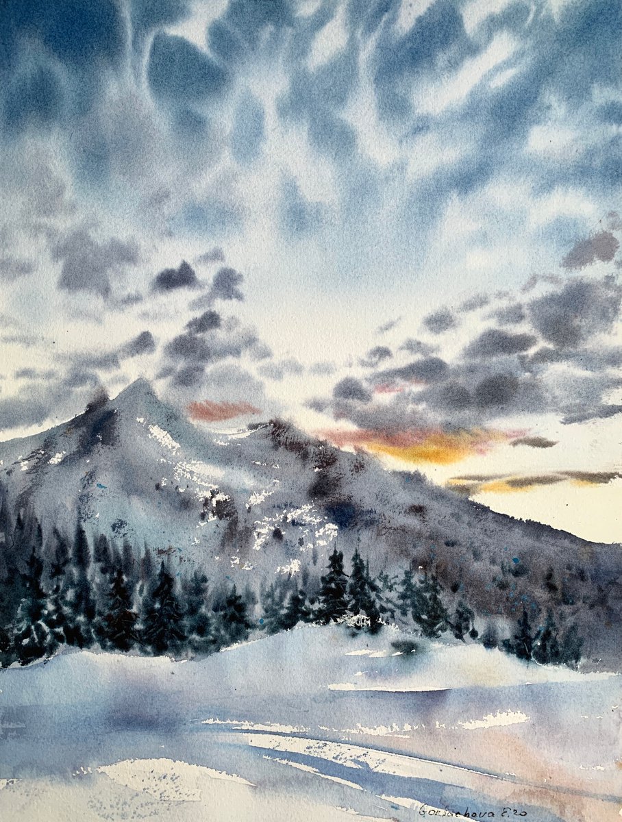 Impressionistic Landscape Watercolour By Eugenia Gorbacheva, 12 X 16, Mountainscape #9, Original Artwork