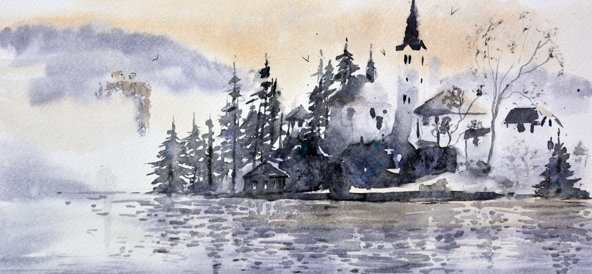Bled Lake Slovenia #41 17x36cm 2022 smal watercolour by Nenad Kojic watercolorist