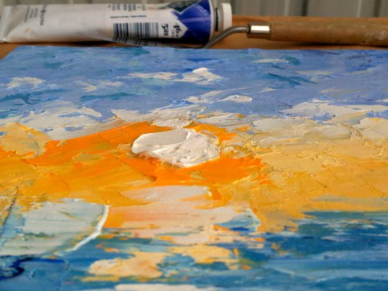 Row Boat Painting Nautical Original Art Maritime Oil Artwork Seascape Impasto Palette Knife Home Wall Art 16 by 12" by Halyna Kirichenko