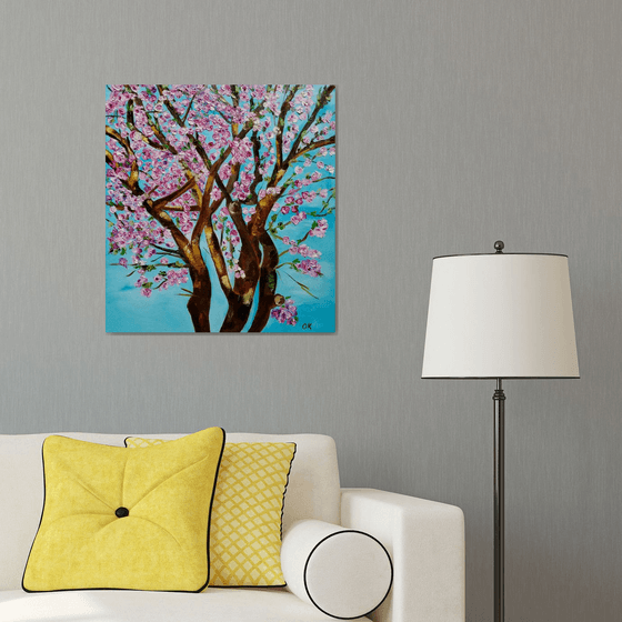 CHERRY  blossom , spring in London white, pink, turquoise 62x66cm ready to hang oil painting