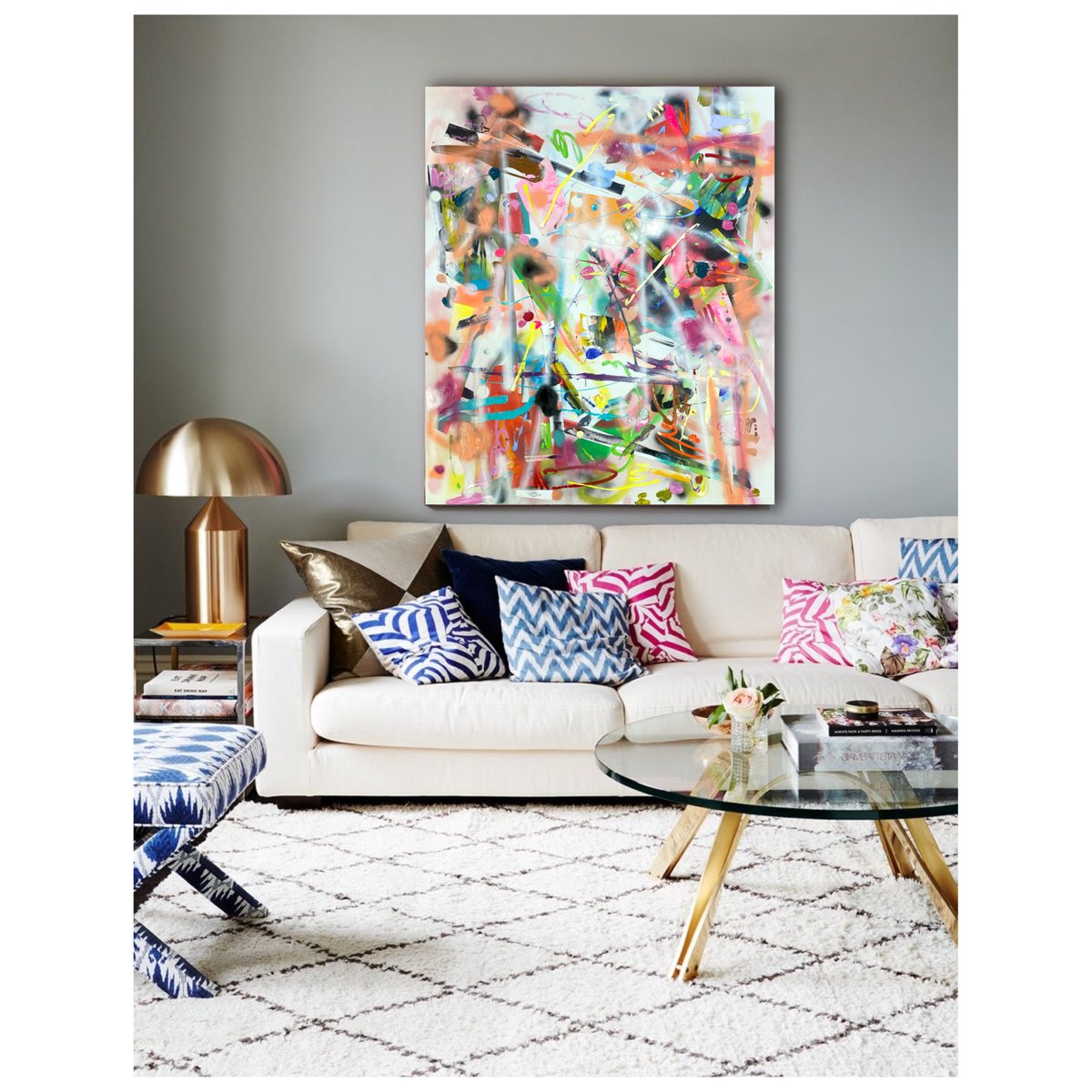 Expressive Abstract Acrylic Painting By Maria Esmar, 39 X 47", Levitating, Original Artwork