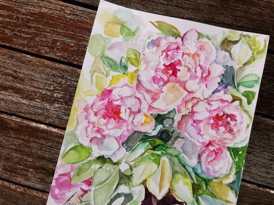 Peonies drawing on paper, Flower painting