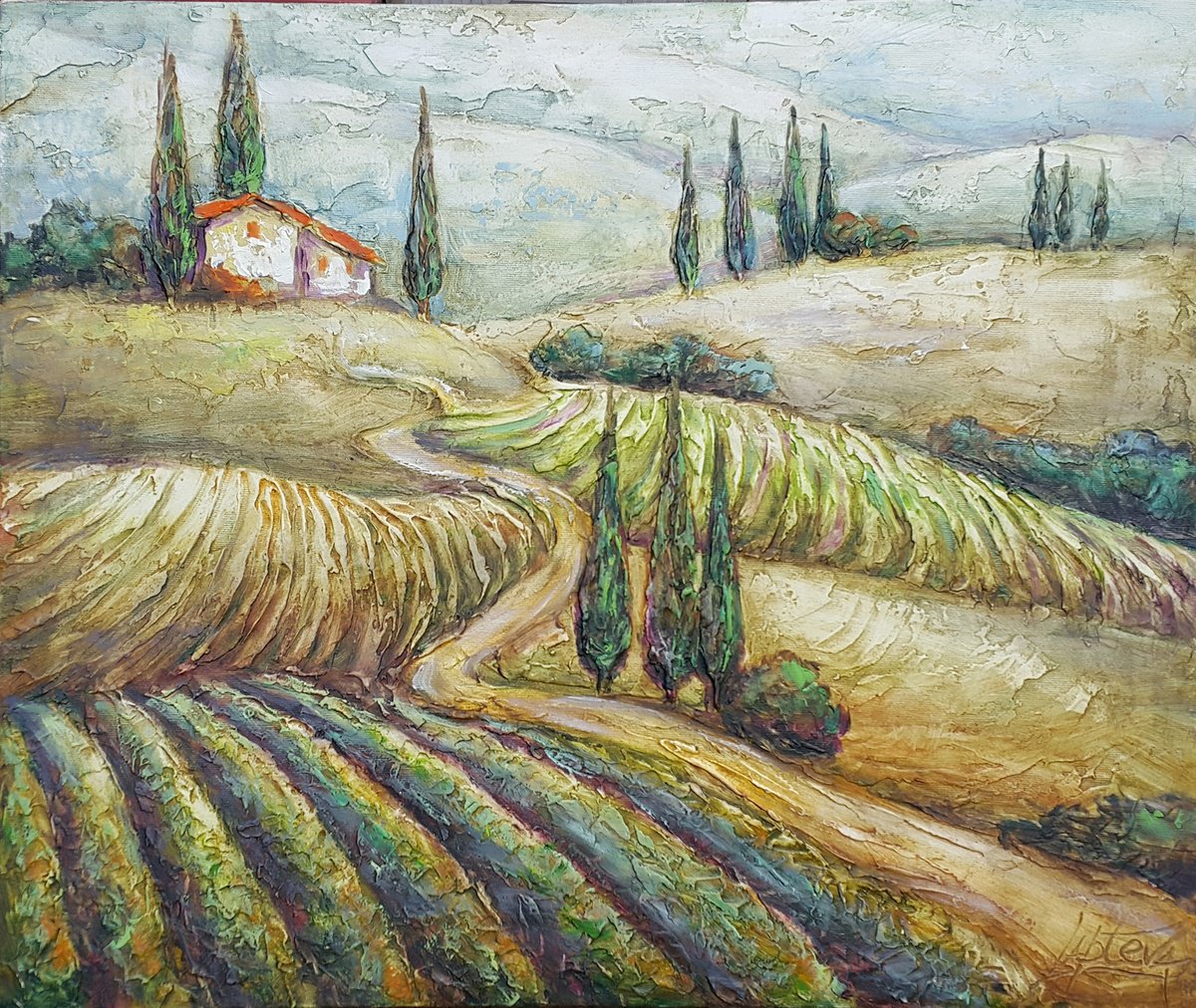 Expressive Landscape Oil Painting By Viktoria Lapteva, 24 X 20", Tuscany, Original Artwork