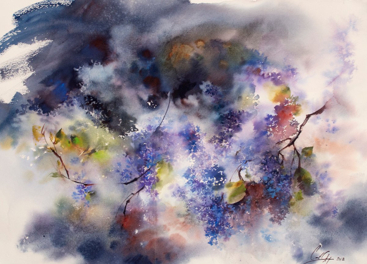 Impressionistic Botanical Watercolour By Sophie Rodionov, 30 X 22", Lilac Flowers, Original Artwork