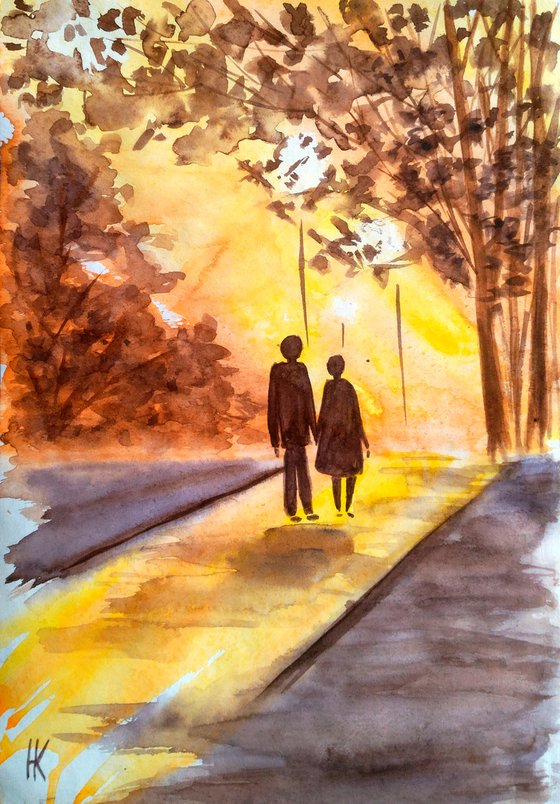 Couple Painting Fall NYC Original Art Walk in Central Park Watercolor Stroll Small Wall Art 8 by 12 inches