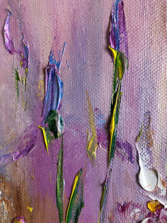 IRIS MOOD №1 - Xiphium. Irises. Flowers. Gift. Lilac color. Bouquet. Garden. Garden flowers. Field irises. Mini-art. Fast painting. The best solution. Gift painting. Postcard. Season. Holidays.