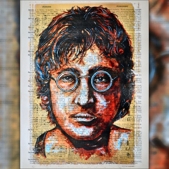 John Lennon - Collage Art on Large Real English Dictionary Vintage Book Page