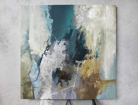 "Green Hill" Emerald silver abstract art