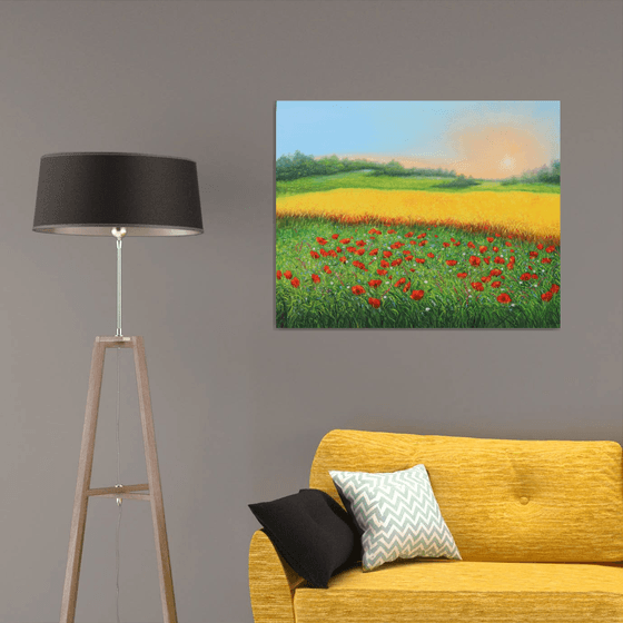 Sunrise at wheat field and poppy meadow