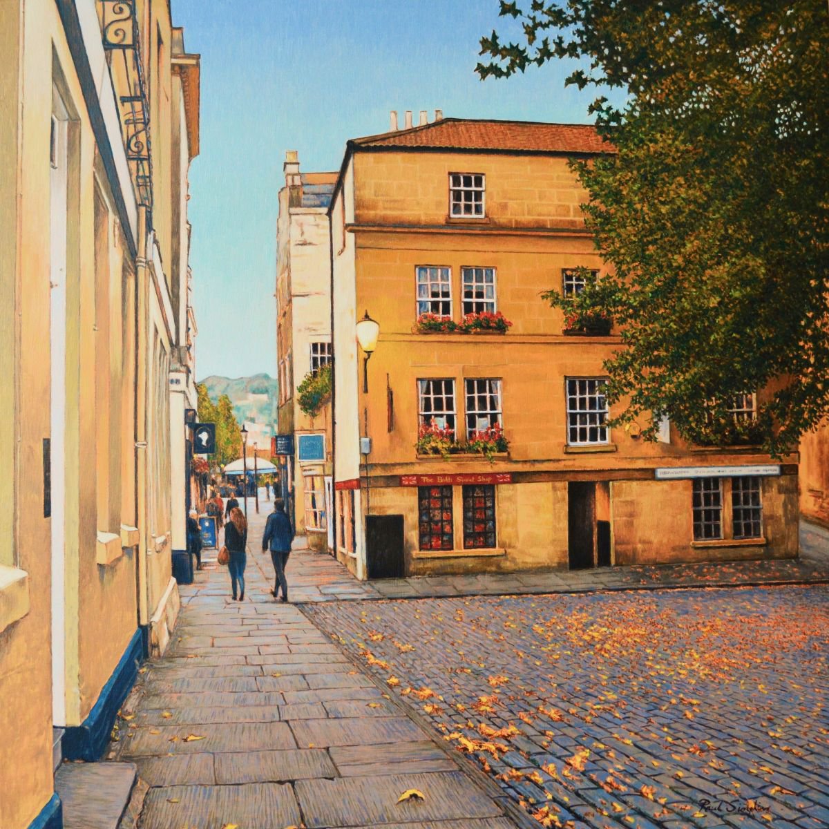 Photorealistic Cityscapes Oil Painting By Paul Simpkins, 19 X 19", Abbey Green, Bath, Original Artwork