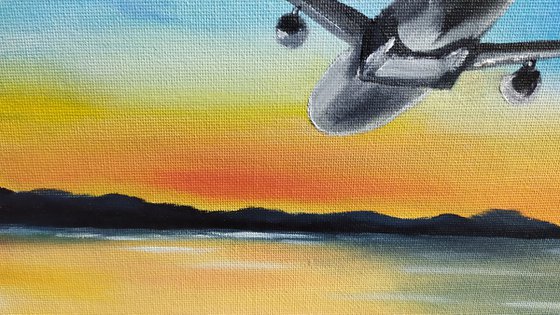 First flight, sky plane oil painting, Gift, impressionistic work