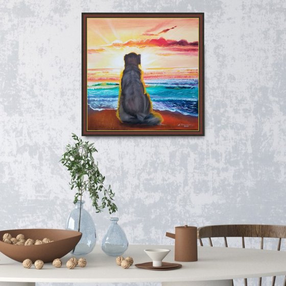 Golden Retriever on the Seashore in Backlight. Original Oil Painting on Canvas. Square Painting. Pet Lovers Gift. Dog Lovers Gift. Puppy Potrait.  Pet Potrait.