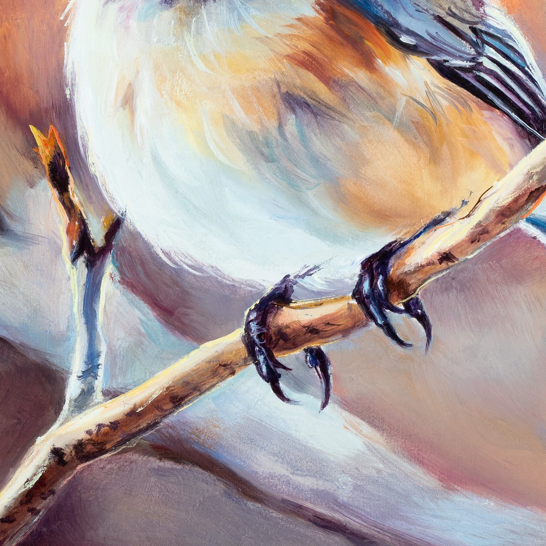 Chickadee bird portrait on a branch Oil painting: Lucia Verdejo