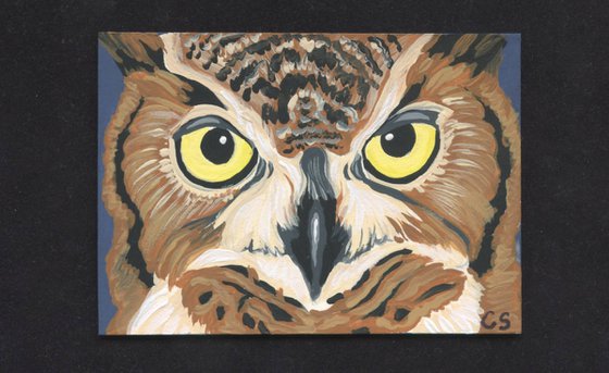 ACEO ATC Original Miniature Painting Great Horned Owl Bird Wildlife Art-Carla Smale