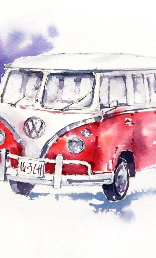 Watercolor sketch "Retro car" original illustration by Ksenia Selianko