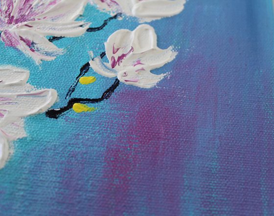"Fly High with your Dreams" - Magnolia Tree & a cute little bird - Palette Knife Impasto Acrylic Painting on Canvas Board
