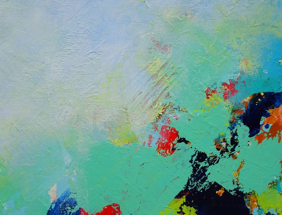 3D Abstract Painting on Canvas. Bright Colors, Blue Green White Violet Turquoise Teal, Bold Modern Art with Brush Strokes Texture