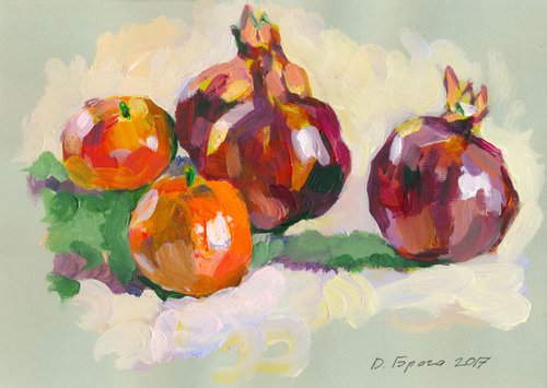 Pomegranates and mandarins (acrylics) by Dima Braga