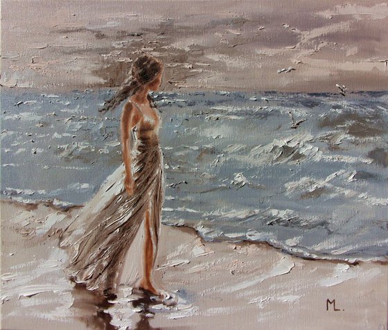 MONIKA LUNIAK " BY THE SEA ... "- SKY SEA SAND liGHt  ORIGINAL OIL PAINTING, GIFT, PALETTE KNIFE