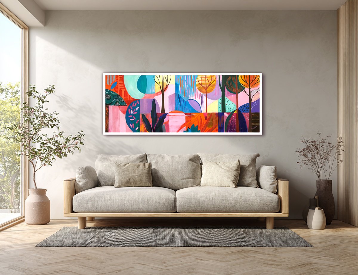 Abstract Landscape Acrylic Painting By Trayko Popov, 67 X 28", Symphony Of The Seasons, Original Artwork