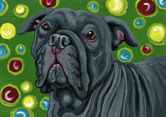 ACEO ATC Original Painting Christmas Lights Pit Bull Pet Dog Art-Carla Smale