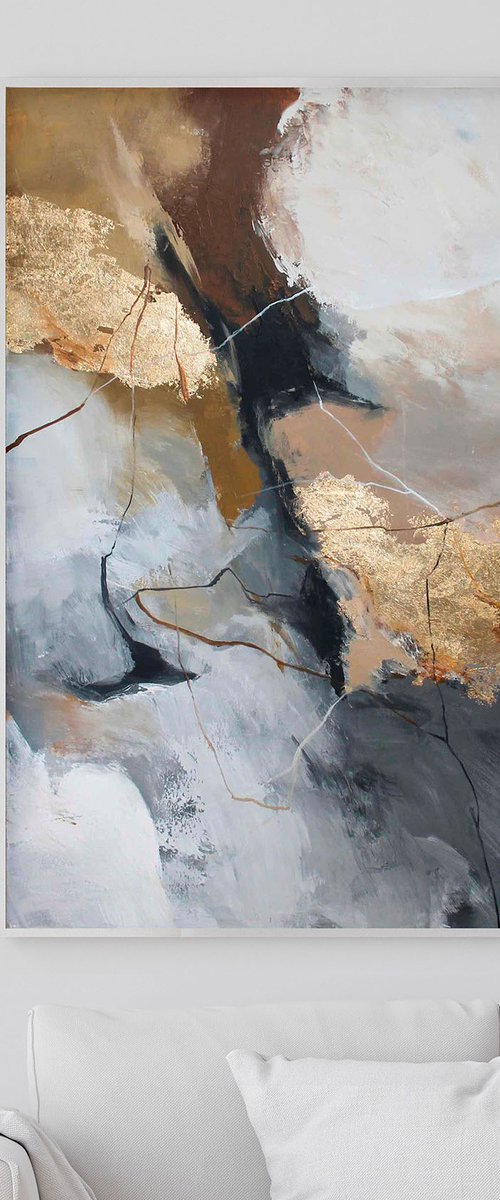"Wild 2" Grey gold  brown abstract acrylic by Yana Sagan