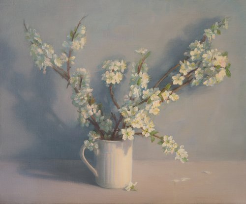 Flowering branches in a white mug by Irina Trushkova