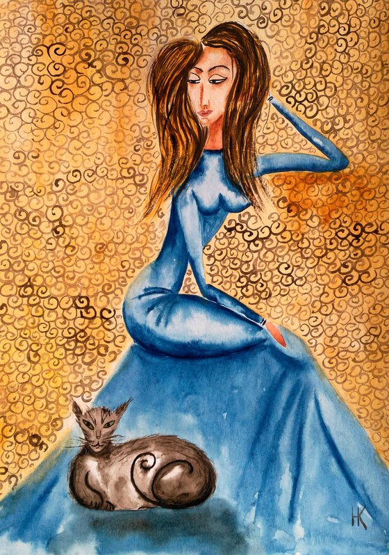 Woman Painting Portrait Original Art Cat Watercolor Woman and Cat Artwork Girl and Cat Home Wall Art 12 by 17" by Halyna Kirichenko