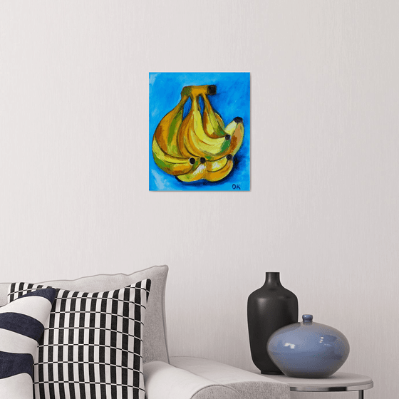 Bananas on  turquoise  Still life. Palette knife painting on linen canvas