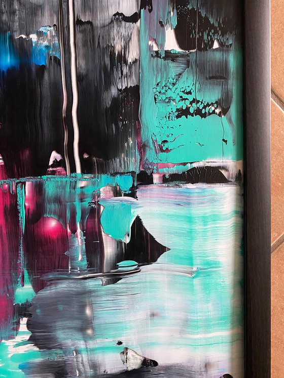 "Tokyo City Lights" - Original PMS Abstract Acrylic Painting On Plexiglass, Framed - 26" x 26"